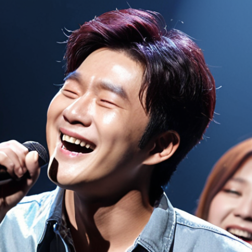 Home 11 **
A concert stage with Jeong Seung Hwan performing. The lighting is dramatic, a mix of spotlights and softer hues. Focus on Jeong Seung Hwan's face, capturing a moment where he's both singing and subtly smiling, perhaps with a hint of irony. In the background, the audience is blurred but visible, showing their enthusiastic response. The overall feeling should be emotional but with a touch of humor.
**