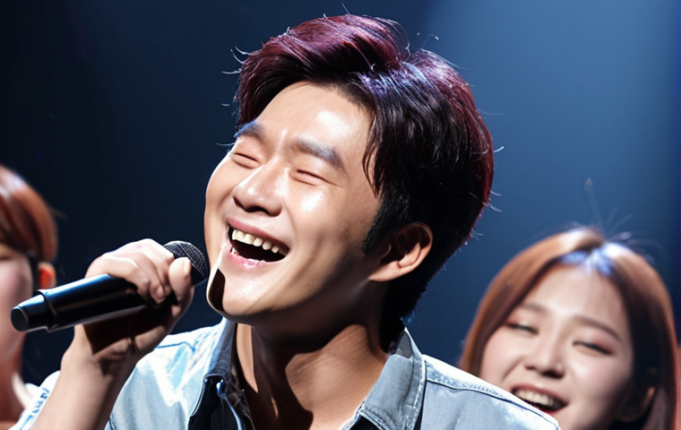 **

A concert stage with Jeong Seung Hwan performing. The lighting is dramatic, a mix of spotlights and softer hues. Focus on Jeong Seung Hwan's face, capturing a moment where he's both singing and subtly smiling, perhaps with a hint of irony. In the background, the audience is blurred but visible, showing their enthusiastic response. The overall feeling should be emotional but with a touch of humor.

**